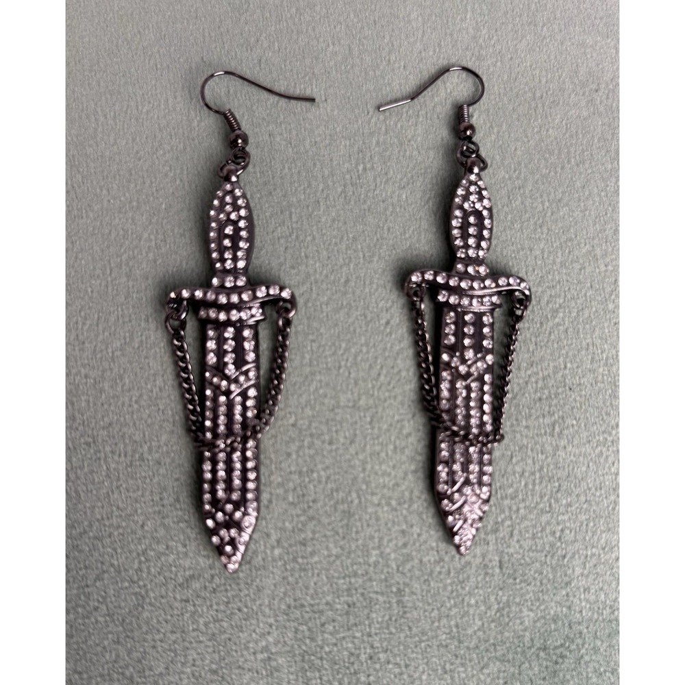 Handmade Silver Tone Rhinestone Chain‎ Dagger Sword Earrings Knife 3" P082